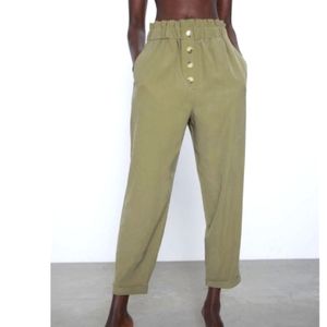 Zara High Waisted Linen Blend Paperbag Green Trouser Pant Size 2